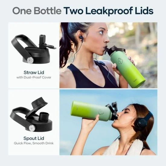 Buzio Duet Series Water Bottle with 2 Lids and Sleeve 1.2L - Gradient Green